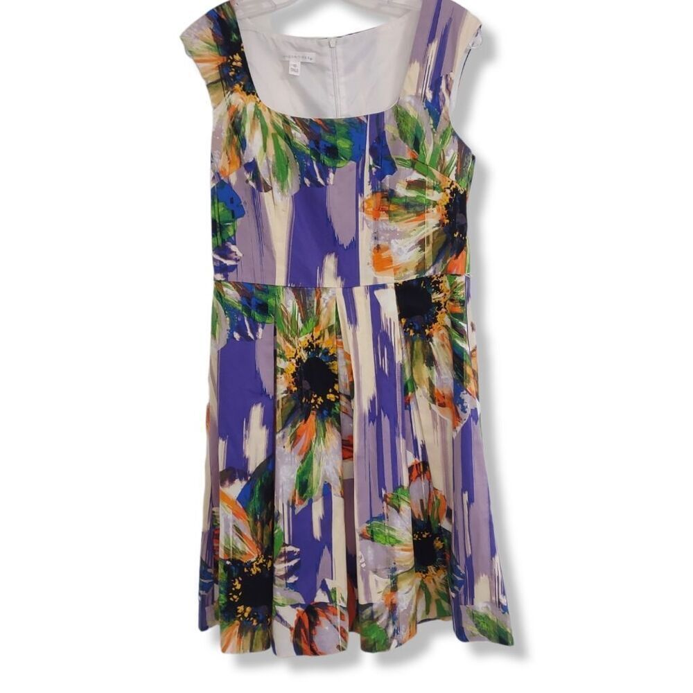 London Times Purple Dress Sleeveless Caps‎ Fit and Flare Yellow Sunflowers 10